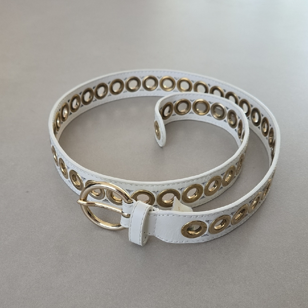 Sandro Adelia White Leather Belt With Gold Eyelet Embellishments - Picture 2 of 6